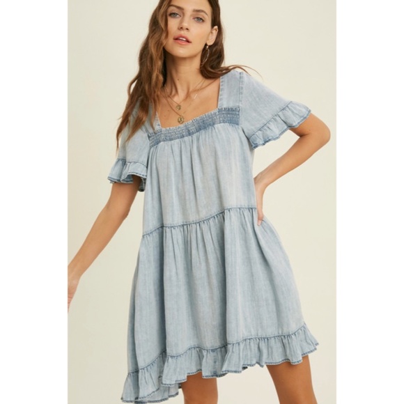 Denim Tencel Square Neck Short Sleeve Ruffle Trim Babydoll Casual Mini Dress - Picture 3 of 11